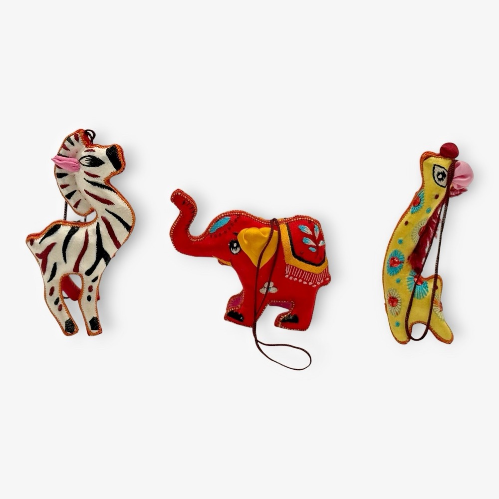 Handmade Animals Silk Fabric Ornament Embroidered Folk Art Set of 3 Vintage